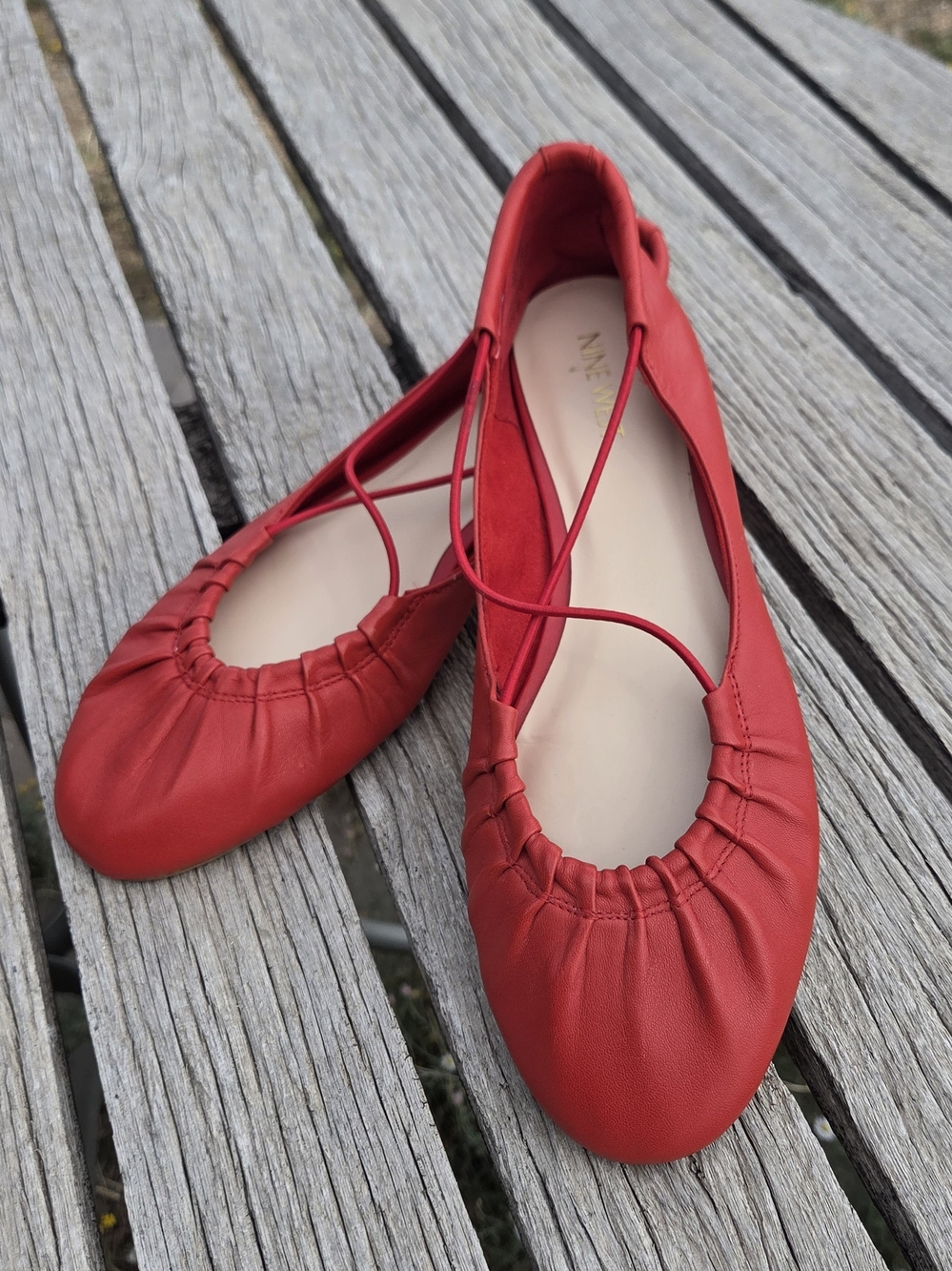 Nine West Red Leather Ballet Flats with Elastic Criss-Cross-Strap Detail